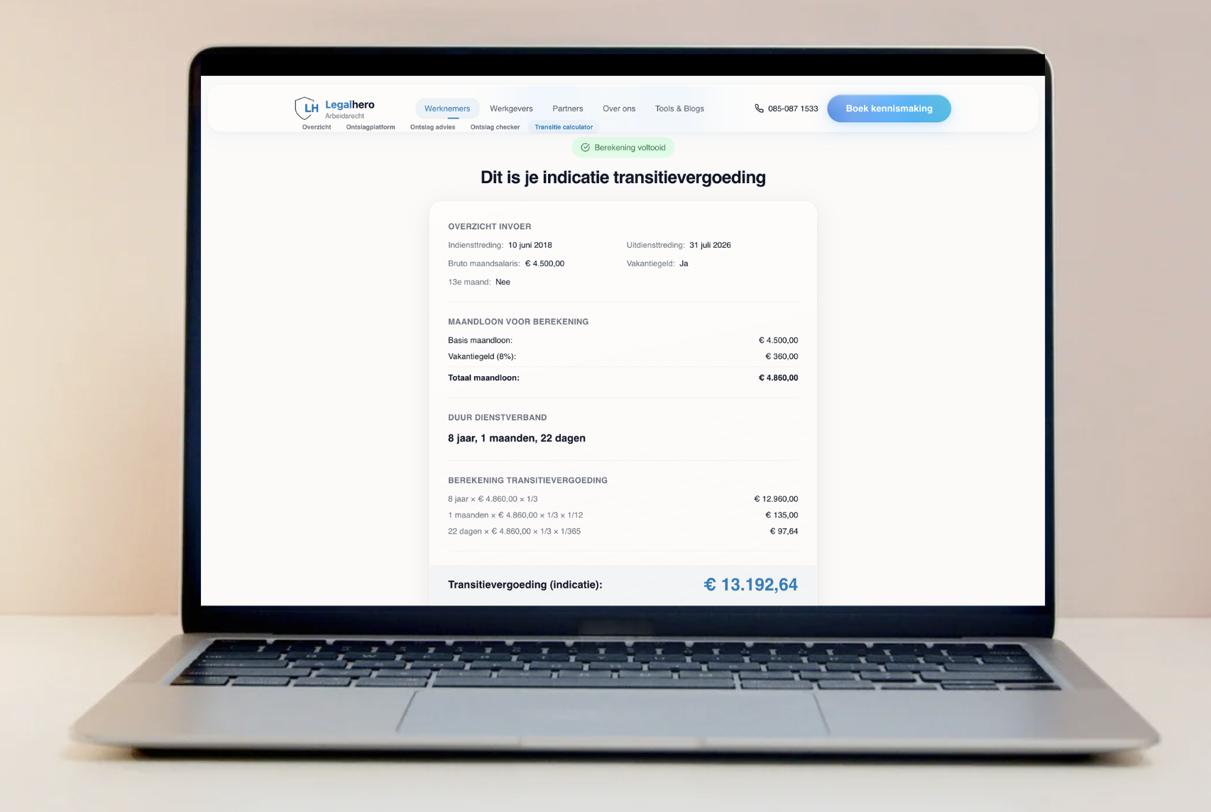 Transitievergoeding calculator screenshot