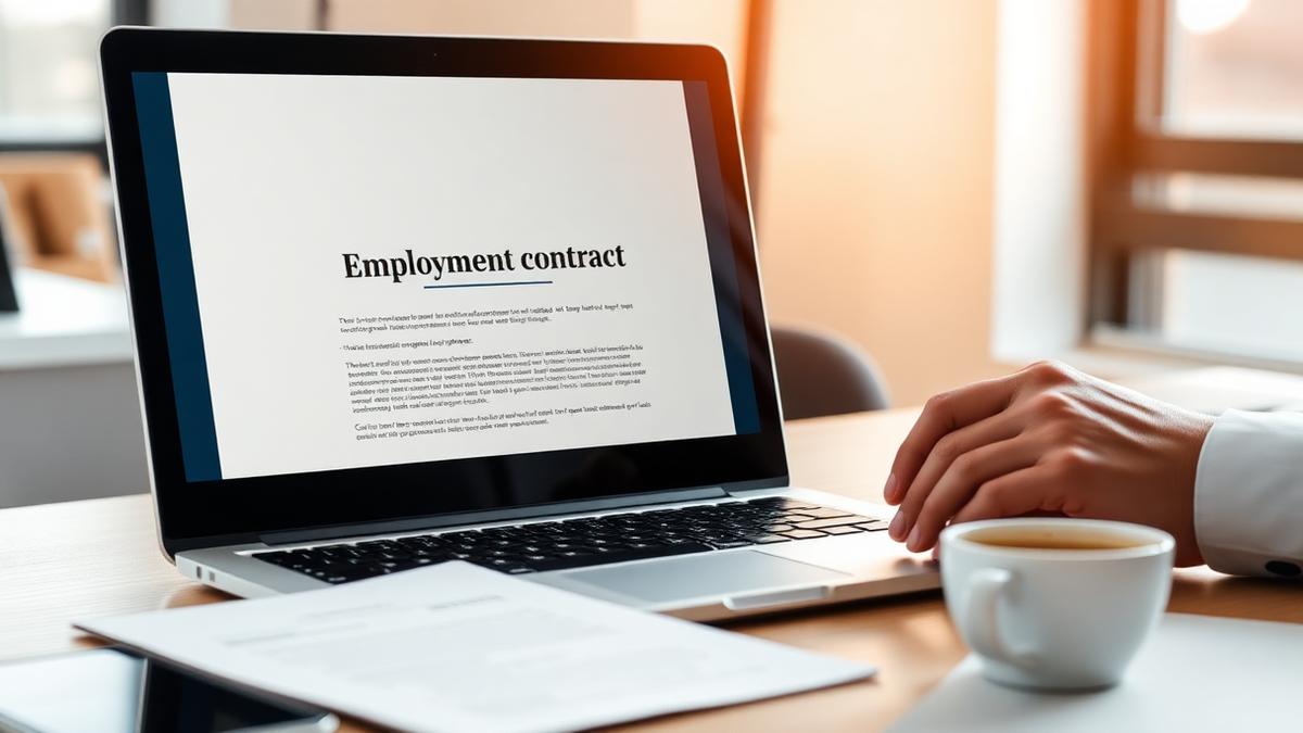HR-professional stelt een arbeidsovereenkomst op achter laptop