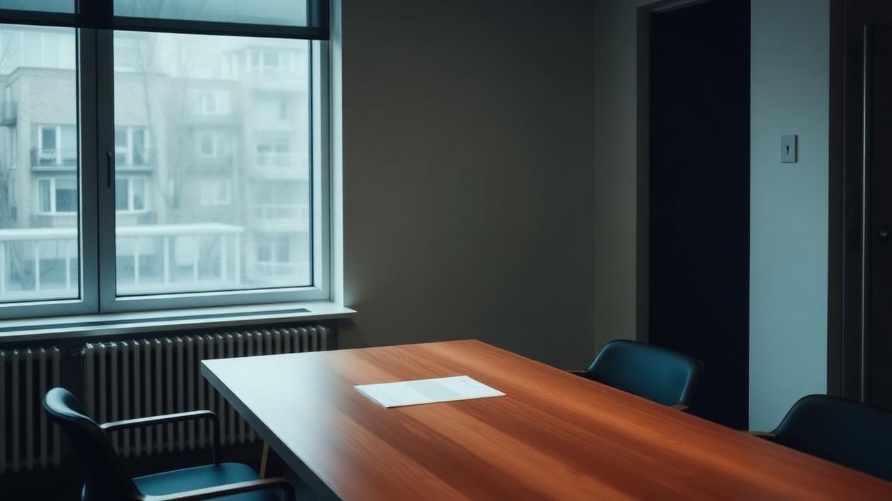 Lege vergaderkamer met een vaststellingsovereenkomst op tafel bij daglicht