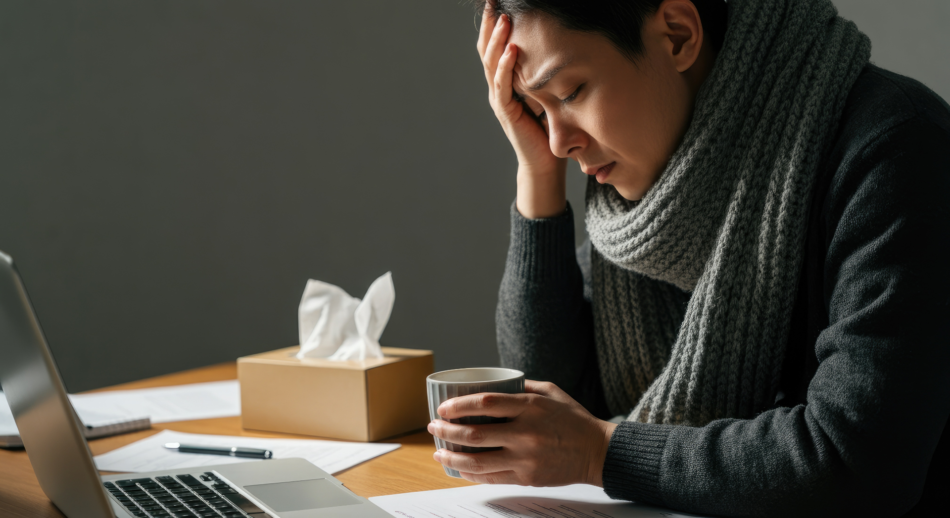 Zieke werknemer achter bureau met tissues die druk ervaart van werkgever